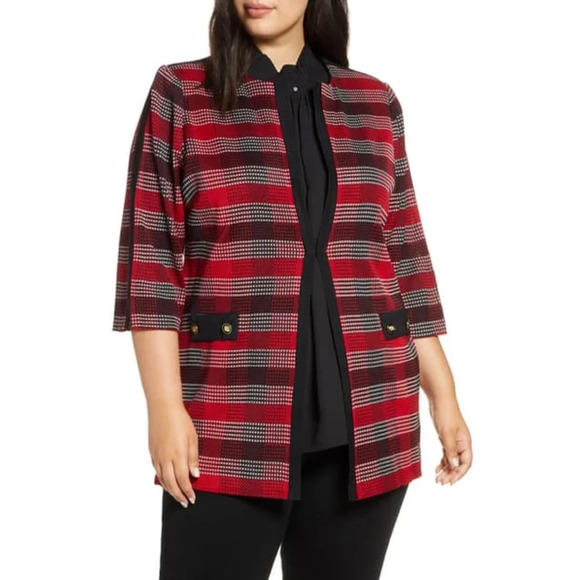 Ming Wang Long Plaid Knit Jacket Bonfire/Black/Ivory 2X - Picture 1 of 10